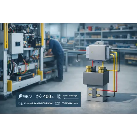 96V DC bus: energy chain with main fuse, contactor and FOC controller precharge sequence